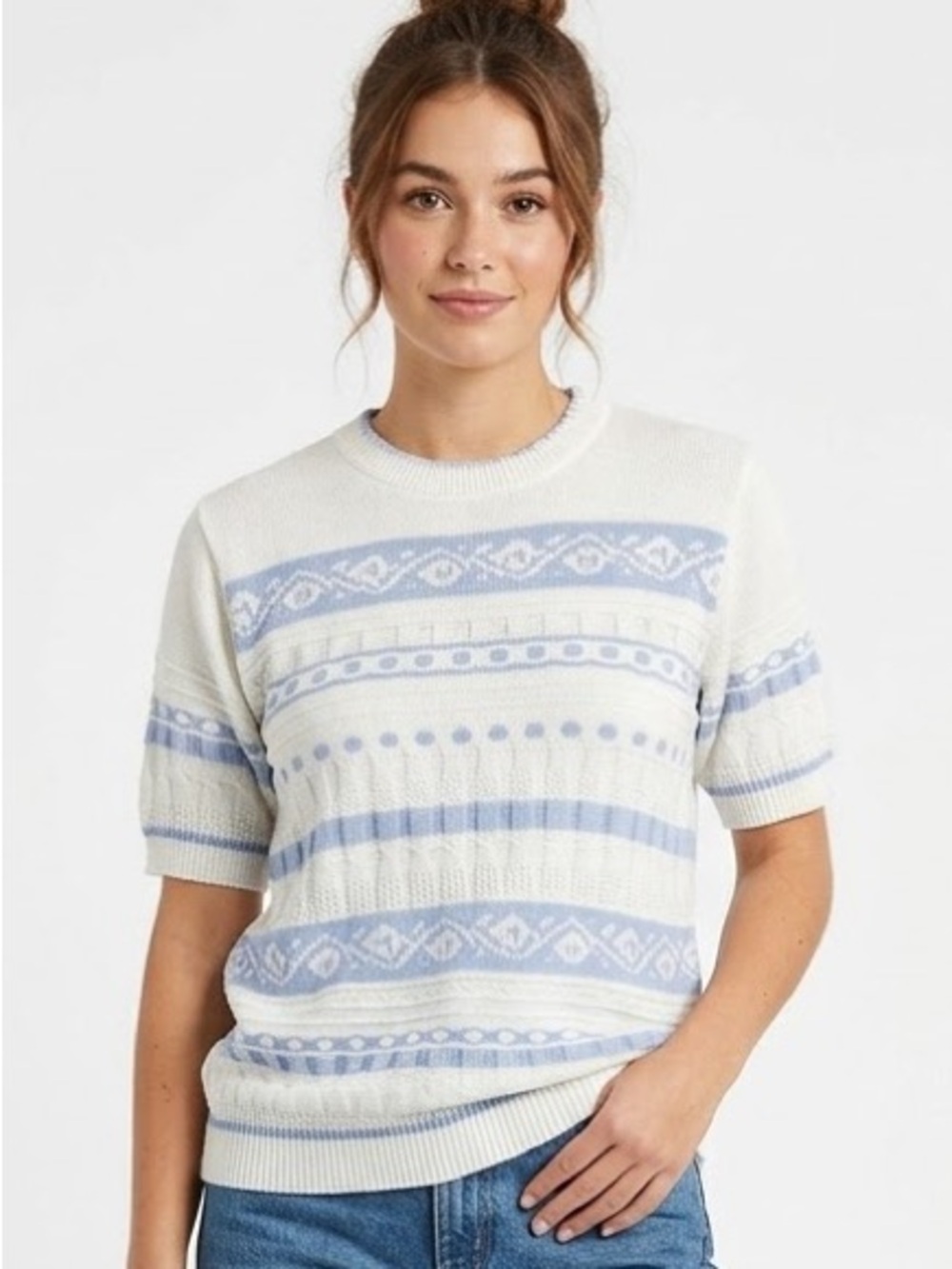 Vintage 80s D'Allaird's Made in Canada Blue White Knit Short Sleeve Sweater Sz L
